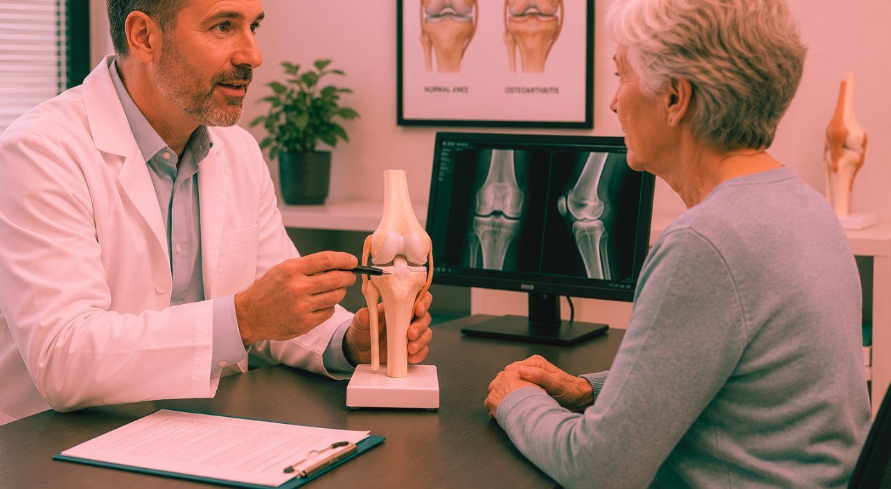 Physician reviewing a knee model with a patient