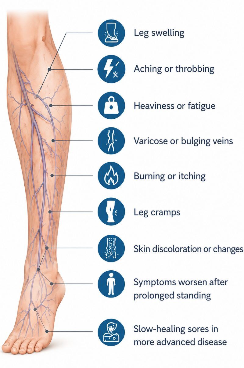 Diagram of common vein disease symptoms in the leg